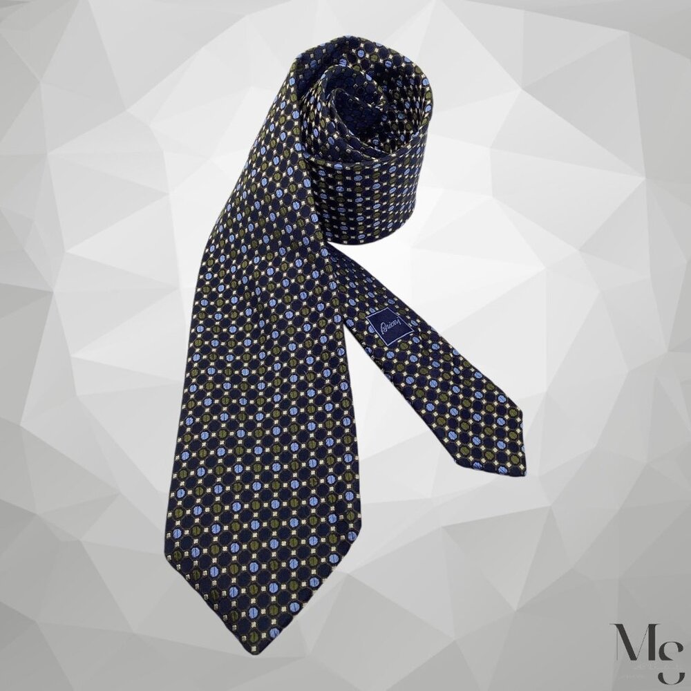 BRIONI Navy & Green Geometric Silk Tie Hand Made In Italy 61”- 3.5" EX COND